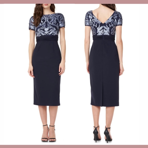 NEW JS‎ COLLECTIONS [ 6 ] Mixed Media Soutache Midi Dress In Navy - Picture 1 of 12